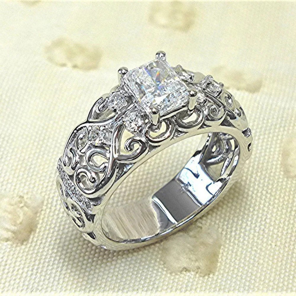 ▶NEW DIAMOND DAINTY RADIANT CUT CARVED 925 STERLING SILVER ETERNITY RING, K997 - Picture 5 of 5